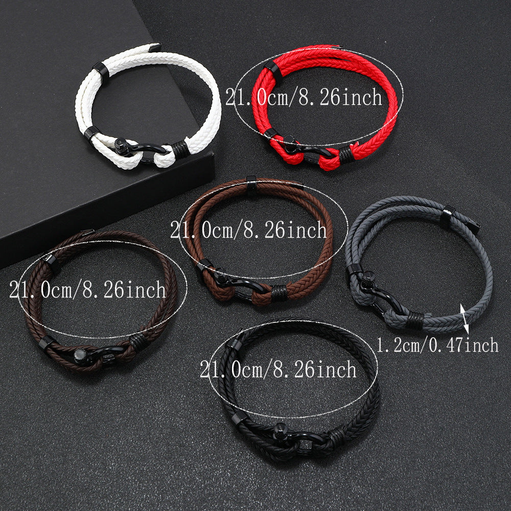 Black Leather Braided Horseshoe Buckle Men's Bracelet