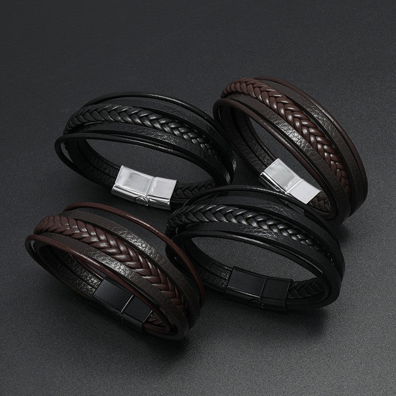 Silver Magnetic Buckle + Brown Leather 23cm Multi-layer Braided Magnetic Buckle Men's Bracelet