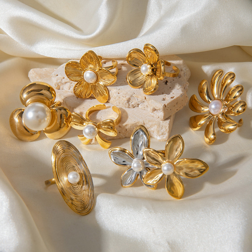 Gold 2 Stainless Steel Flower Pearl Ring