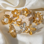 Gold 6 Stainless Steel Flower Pearl Ring