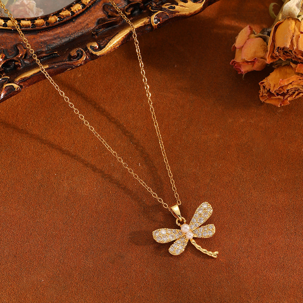 Gold And White Diamond Necklace Stainless Steel Diamond-encrusted Dragonfly Necklace