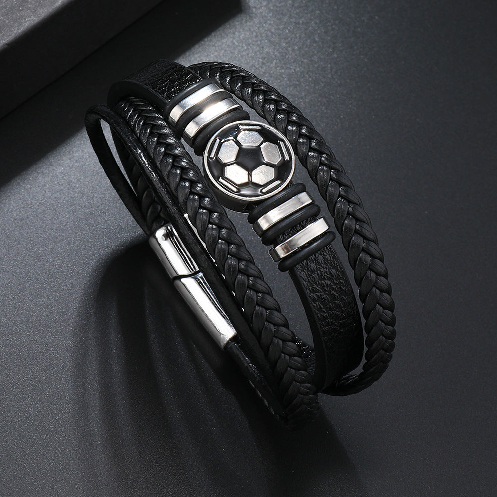 Black 23cm Multi-layer Braided Football Magnetic Buckle Men's Bracelet