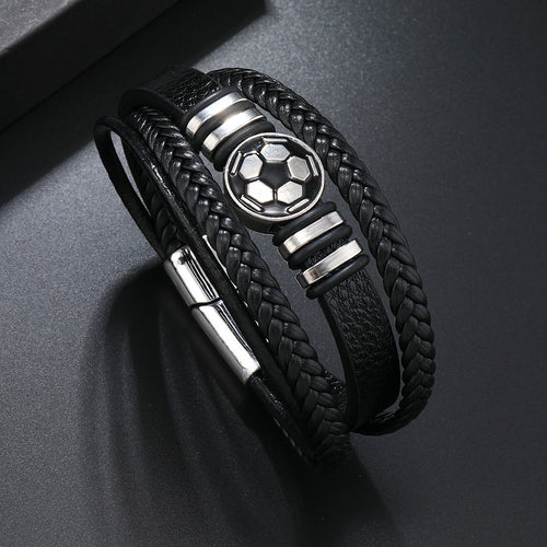 Black 23cm Multi-layer Braided Football Magnetic Buckle Men's Bracelet
