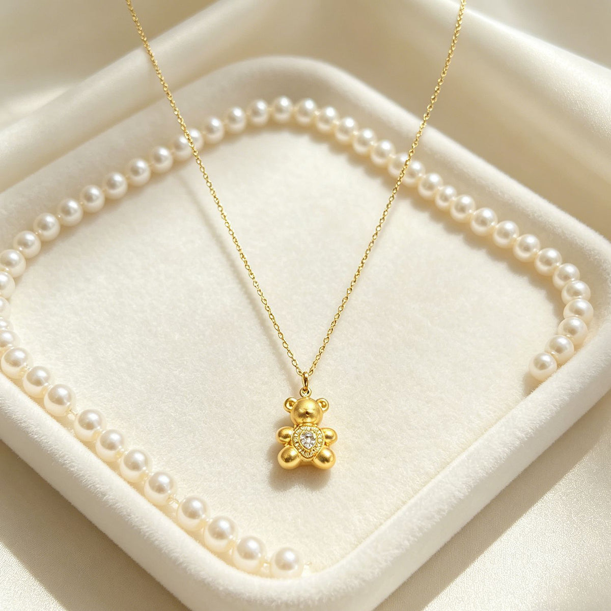 Gold Hollow Heart Bear Pendant Necklace Stainless Steel White Zircon Jewelry