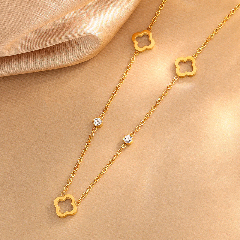 Diamond Four-leaf Clover Necklace Stainless Steel Diamond Petal Necklace