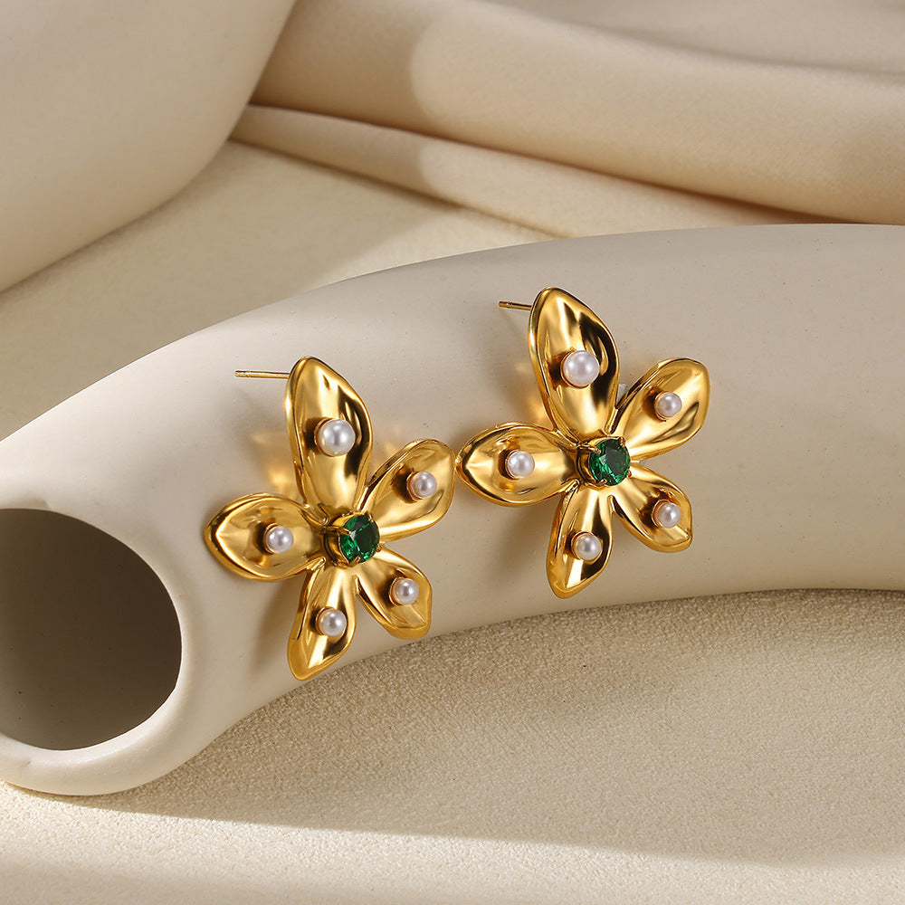 Earring 1# Stainless Steel Pearl Flower Earrings