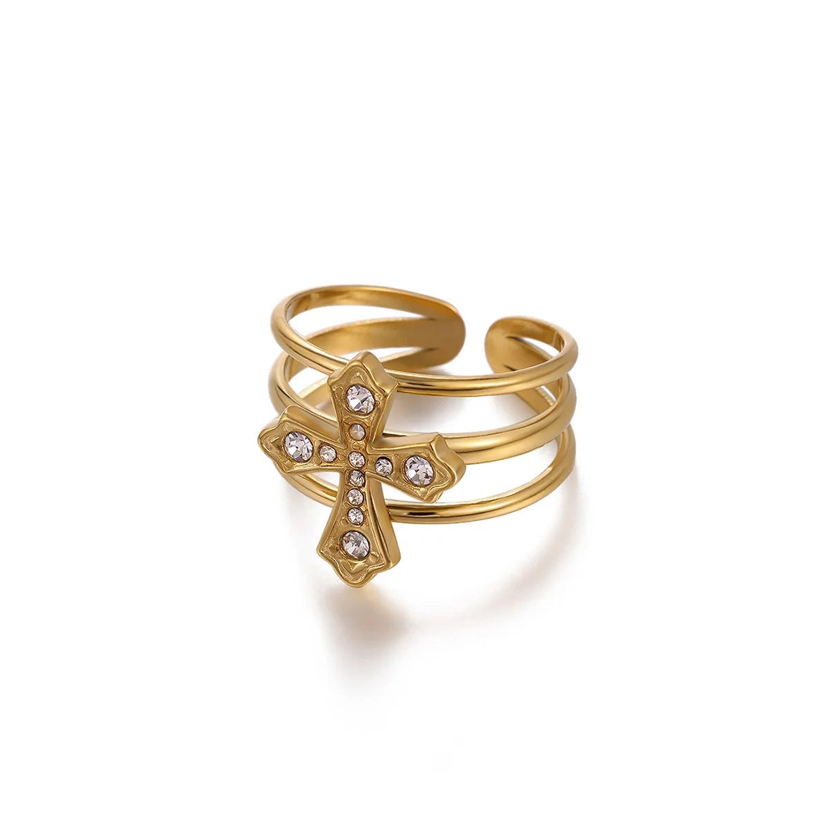 Ring #5 304 Stainless Steel Diamond-set Cross Ring