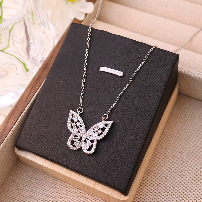 Silver Titanium Steel Diamond Butterfly Necklace