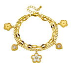 Gold Stainless Steel Diamond-encrusted Heart And Flower Double-layer Bracelet
