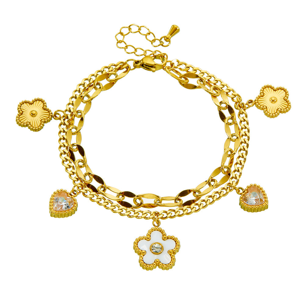 Gold Stainless Steel Diamond-encrusted Heart And Flower Double-layer Bracelet