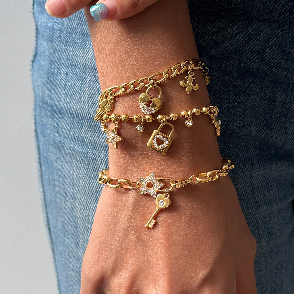 Bracelet #1 Stainless Steel Diamond-encrusted Heart And Iris Flower Bracelet