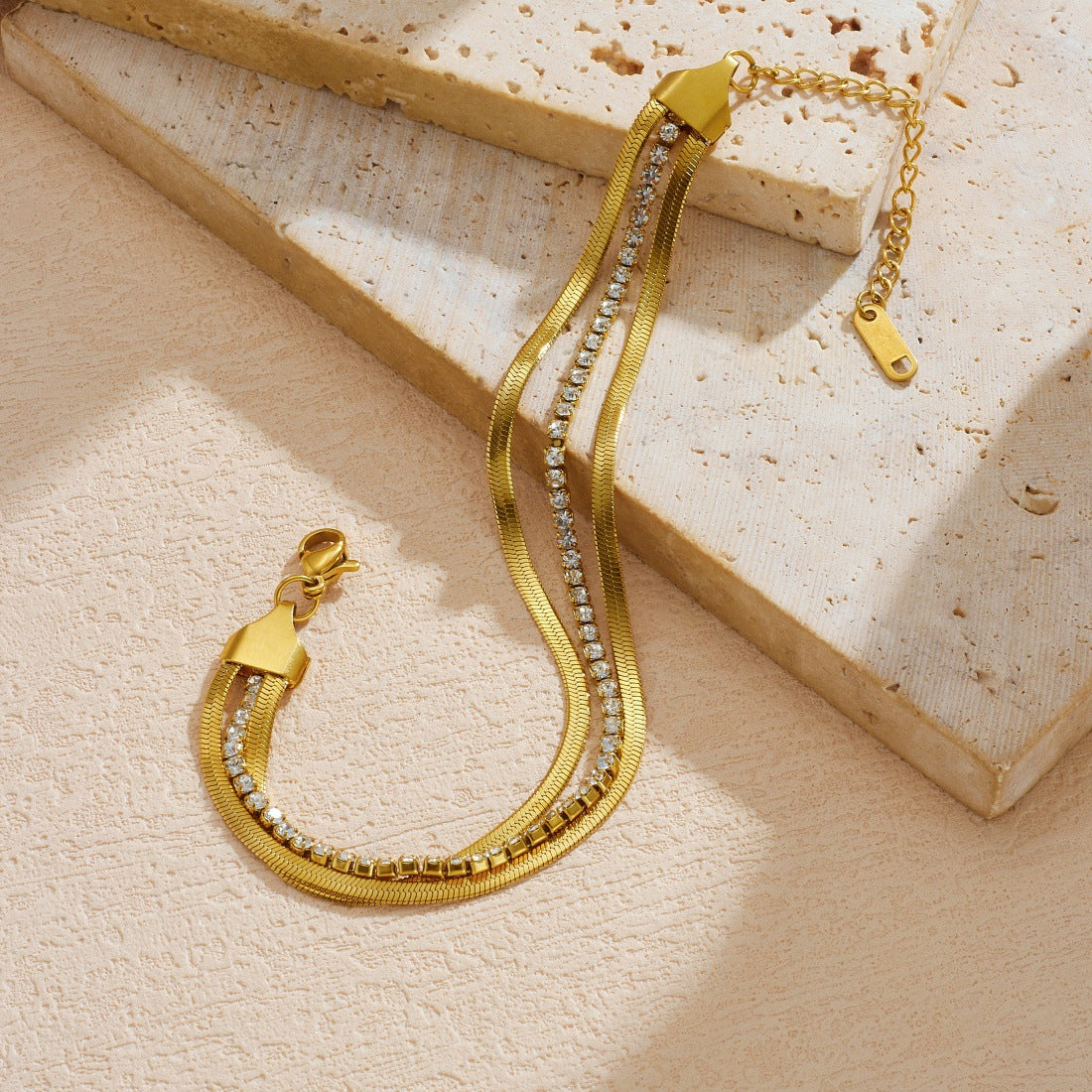 Gold Diamond-encrusted Gold-plated Multi-layered Stainless Steel Chain Bracelet