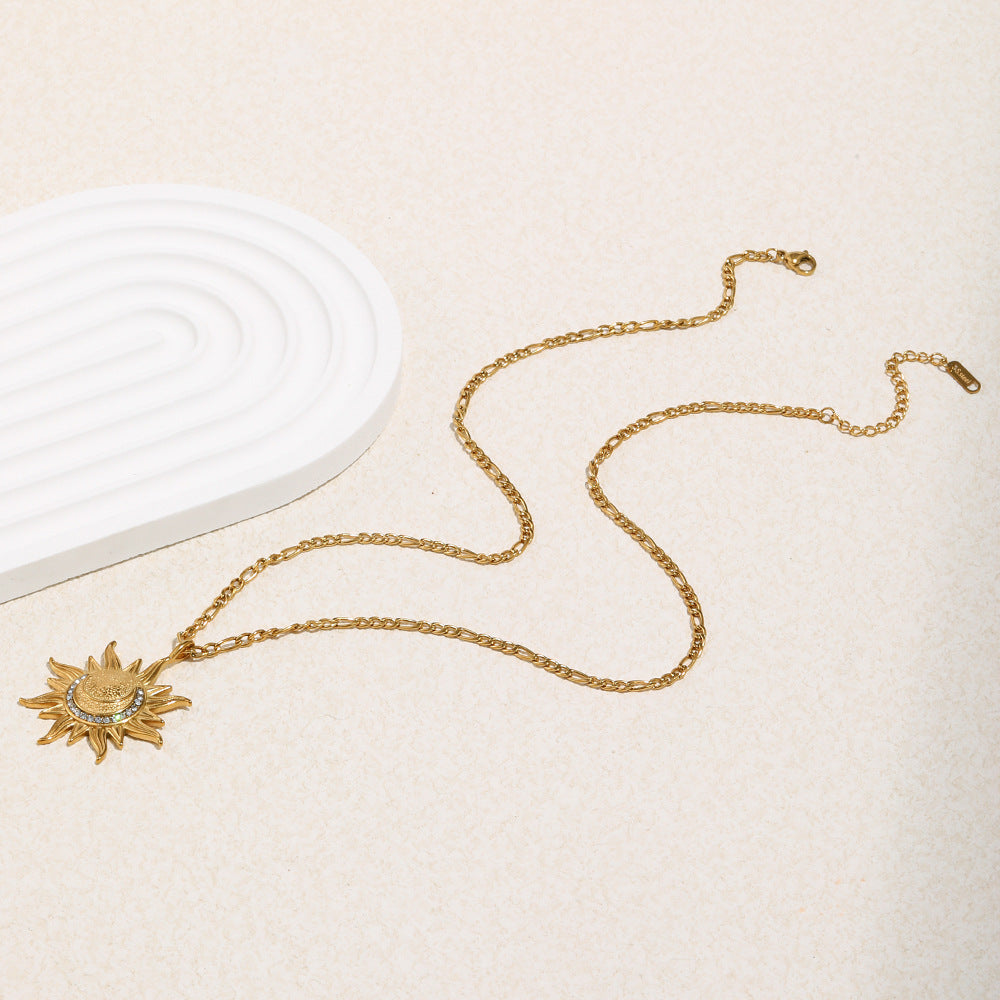 Gold Stainless Steel Diamond Sun Necklace