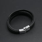 Silver Magnetic Buckle + Black Leather 23cm Multi-layer Braided Magnetic Buckle Men's Bracelet