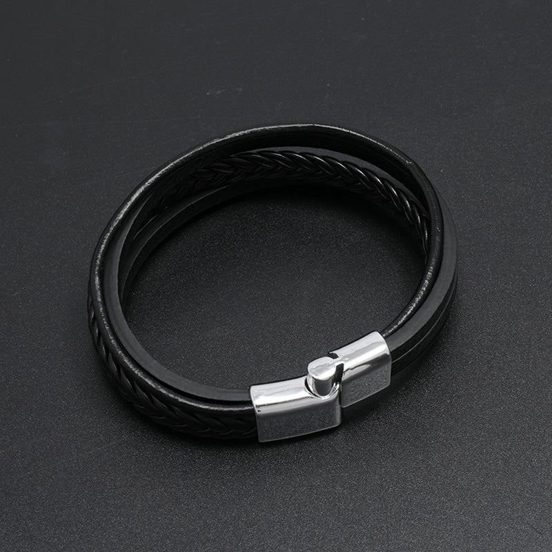 Silver Magnetic Buckle + Black Leather 23cm Multi-layer Braided Magnetic Buckle Men's Bracelet