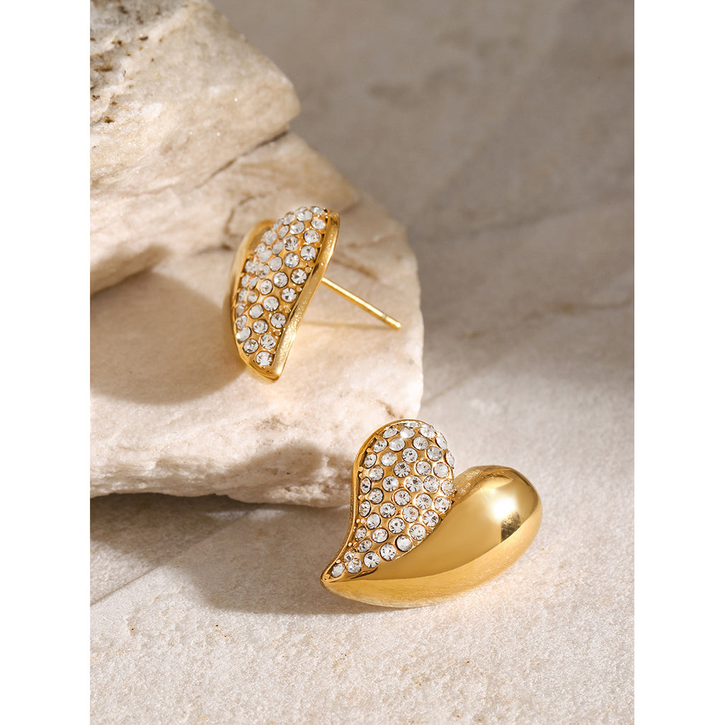 Fashion Gold Stainless Steel Diamond Heart Earrings