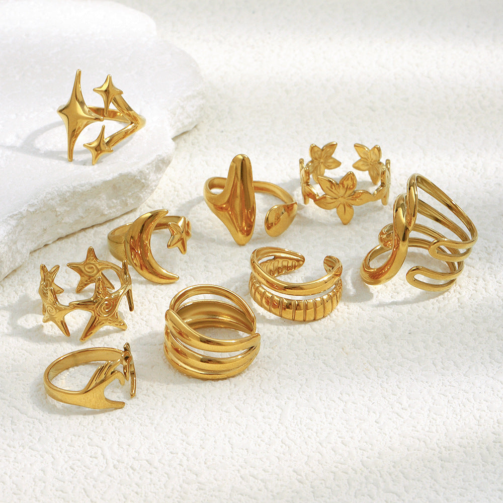 Star And Moon Open Ring-gold Stainless Steel Star And Moon Ring
