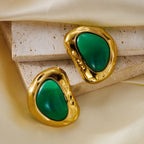 Green Resin Inlay Vintage Texture Statement Gold Geometric Stainless Steel Earrings