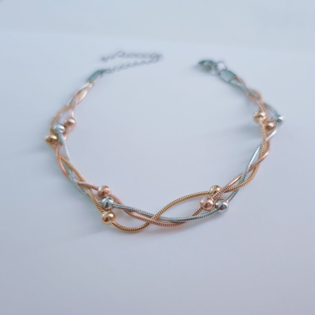 Three-color Gold Stainless Steel Multi-layered Round Snake Bead Bracelet