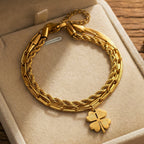 Gold Stainless Steel Four-leaf Clover Double-layer Bracelet