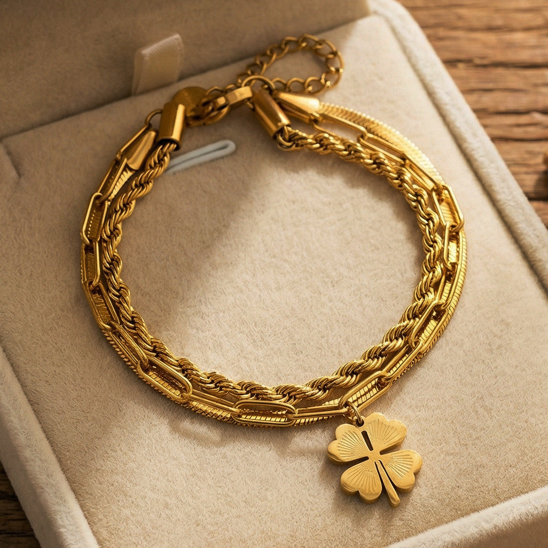 Gold Stainless Steel Four-leaf Clover Double-layer Bracelet