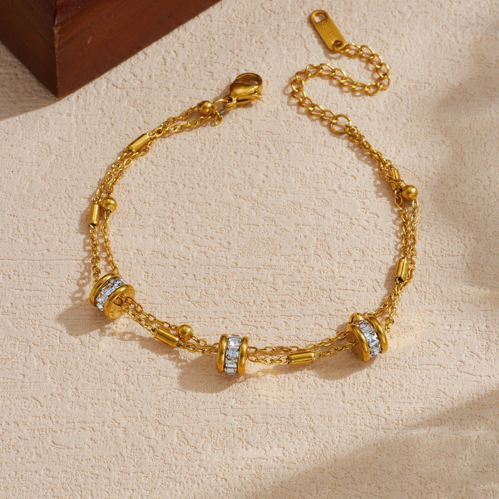 Gold Gold-plated Double-layer Chain Stainless Steel Diamond-set Round Bracelet