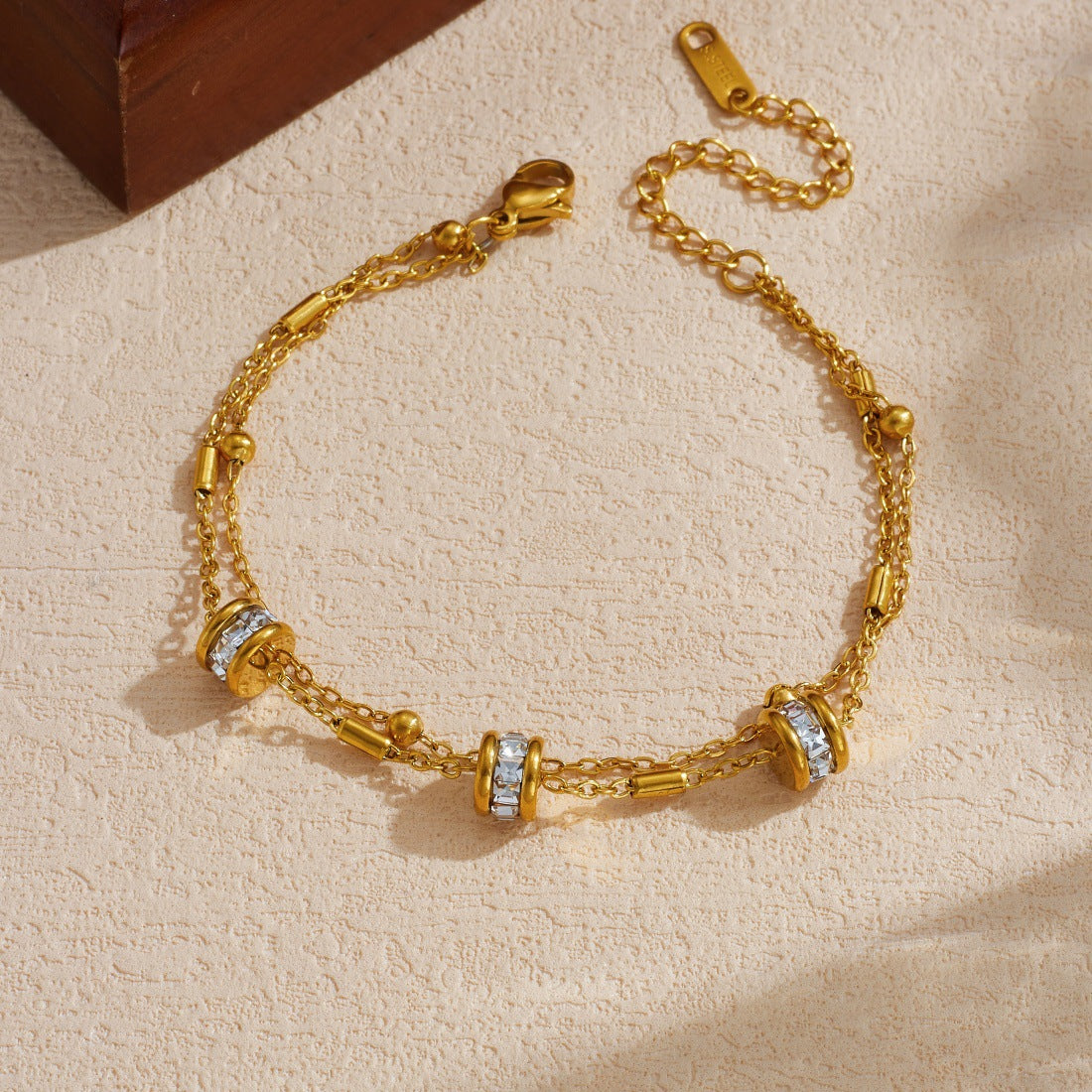 Gold Gold-plated Double-layer Chain Stainless Steel Diamond-set Round Bracelet