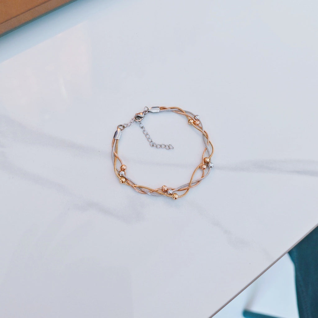Three-color Gold Stainless Steel Multi-layered Round Snake Bead Bracelet