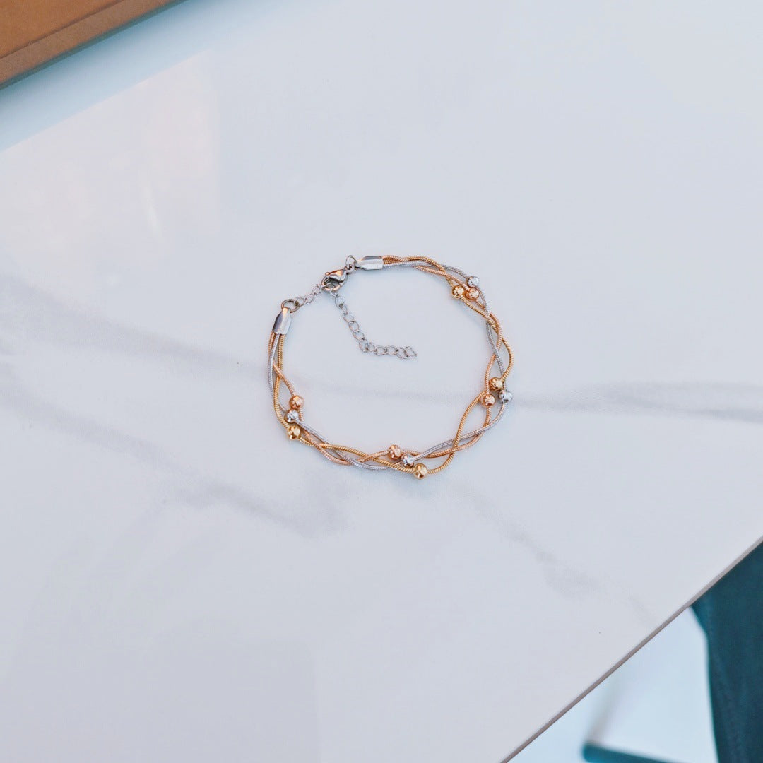 Three-color Gold Stainless Steel Multi-layered Round Snake Bead Bracelet