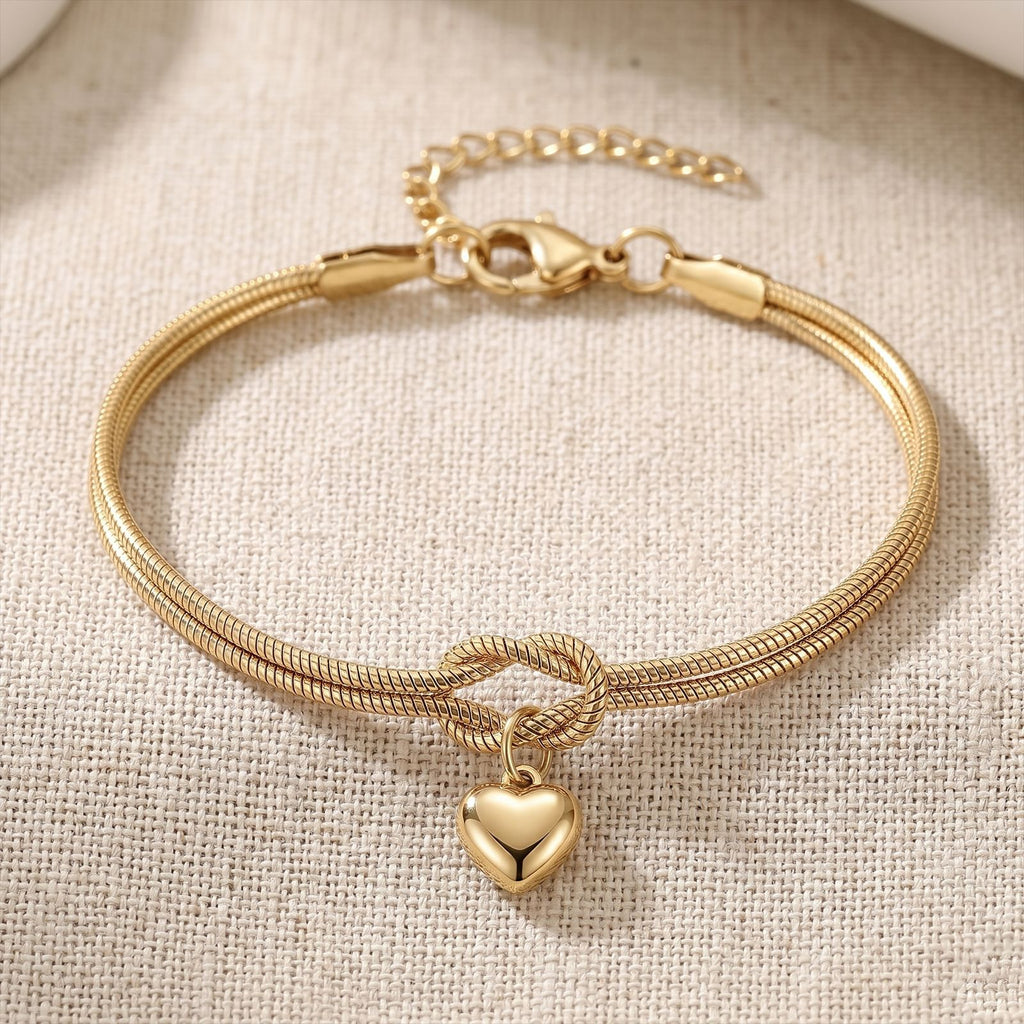Gold European Stainless Steel Heart Pendant Love Knot Round Snake Chain Bracelet For Men Women