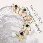 European And American Stainless Steel Flower Inlaid Stone Ring Black One By One Stainless Steel Petal Double Ring
