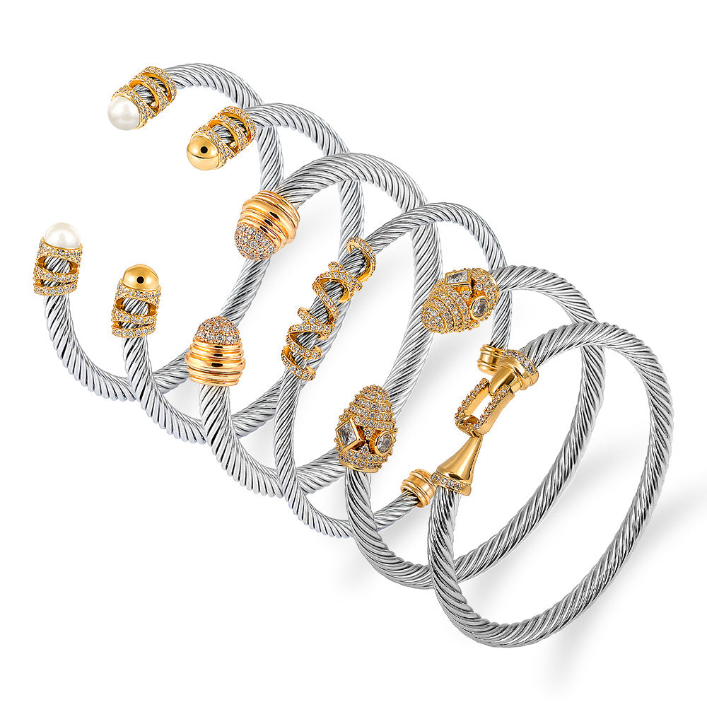 Fashion Style-10 Steel Colors Stainless Steel Diamond Threaded Open Bracelet