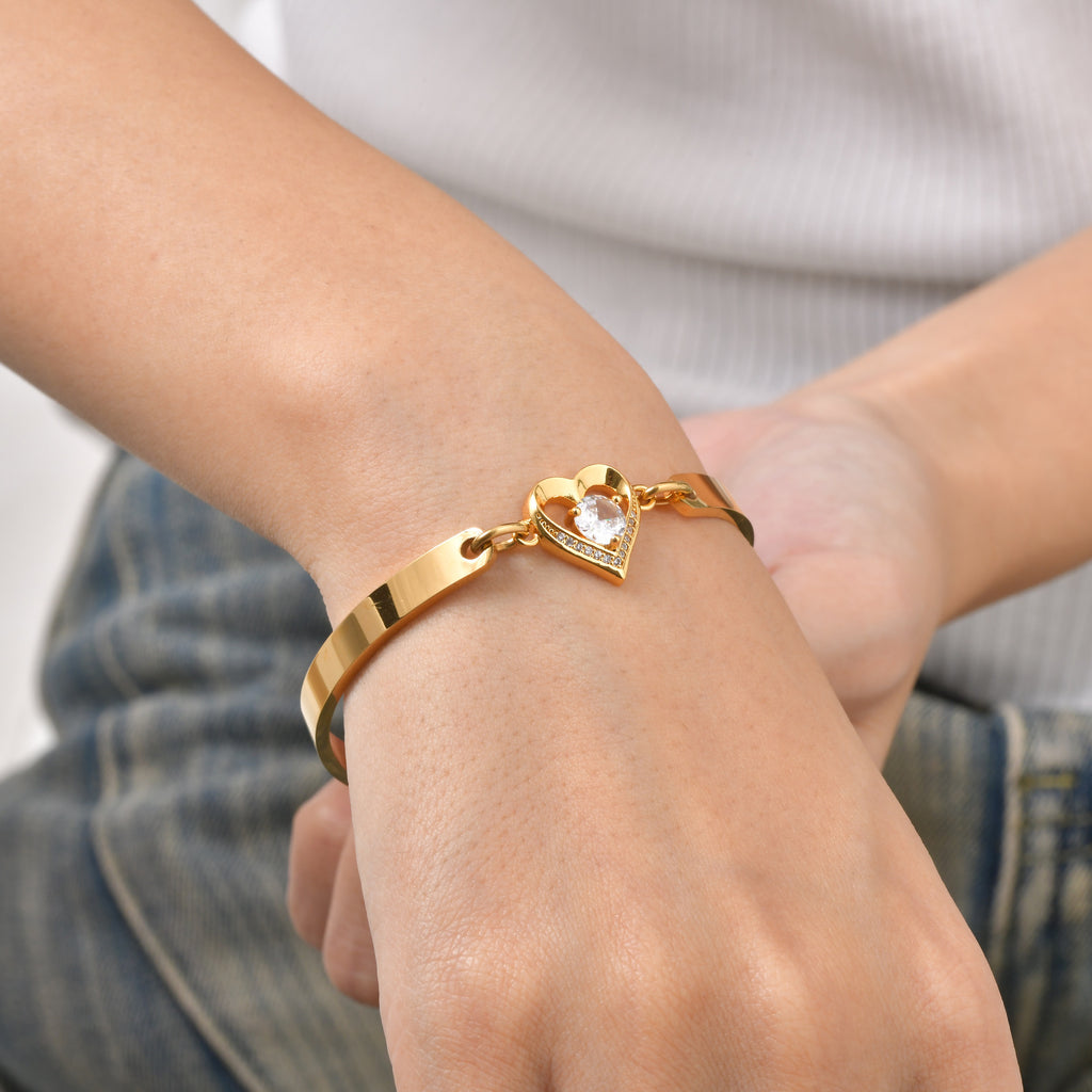 Silver Stainless Steel Diamond-encrusted Heart Bracelet