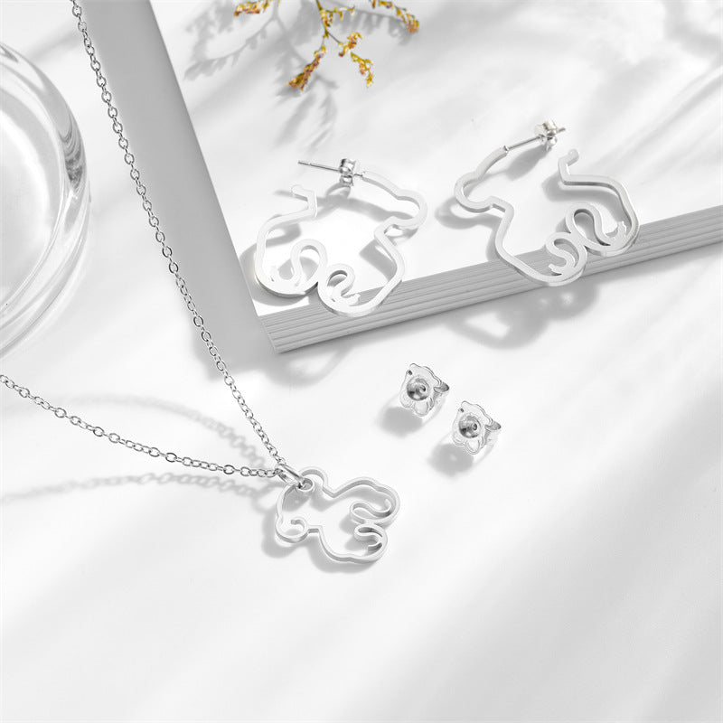 Fashion Gold Suit Stainless Steel Hollow Bear Necklace Earring Set