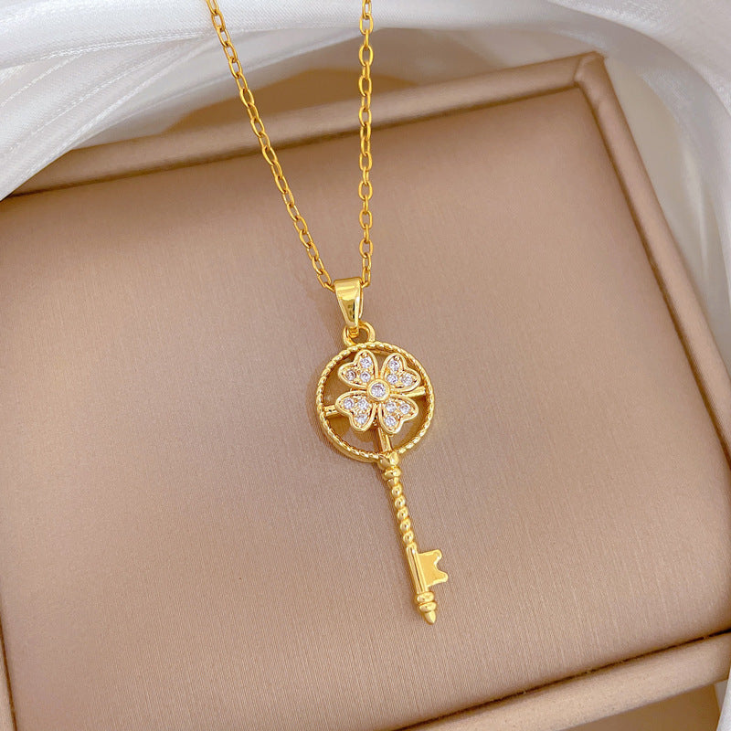 Gold Titanium Steel Diamond-encrusted Key Necklace