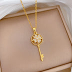 Gold Titanium Steel Diamond-encrusted Key Necklace