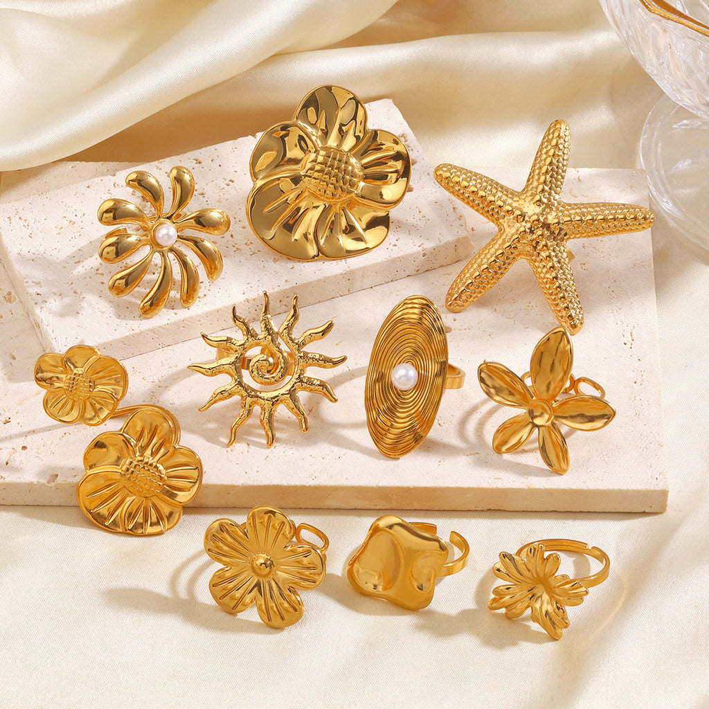 Gold Ring 6# Stainless Steel Petal Ring