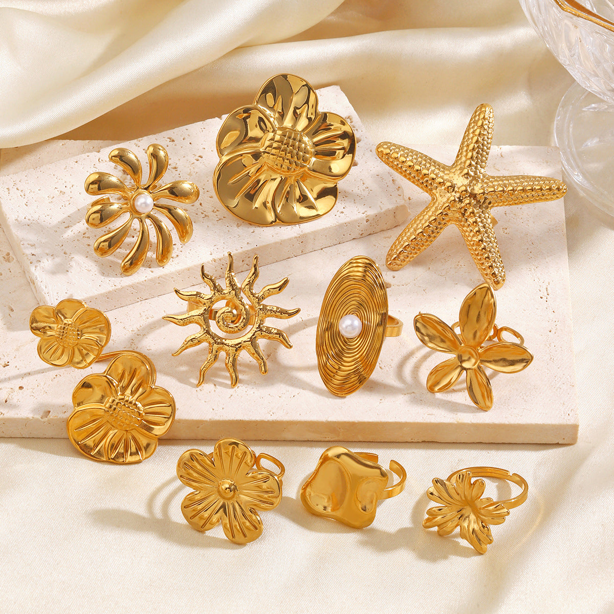 Gold Ring 6# Stainless Steel Petal Ring