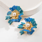 White Alloy Pearl-inlaid 3d Flower Earrings