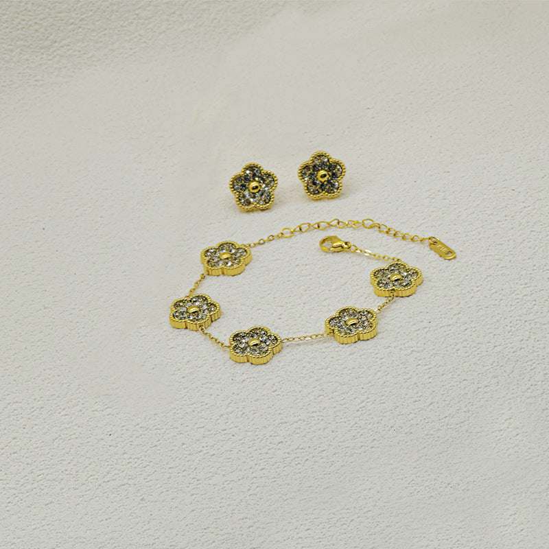 Five-leaf Clover [earrings + Necklace] Stainless Steel Diamond Flower Necklace And Earring Set