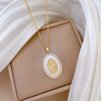 Gold Stainless Steel Diamond Portrait Oval Necklace