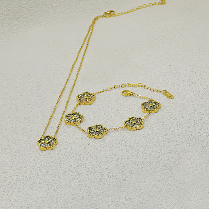 Five-leaf Clover Full Diamond Necklace Stainless Steel Diamond Flower Necklace