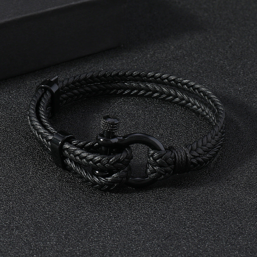 Black Leather Braided Horseshoe Buckle Men's Bracelet