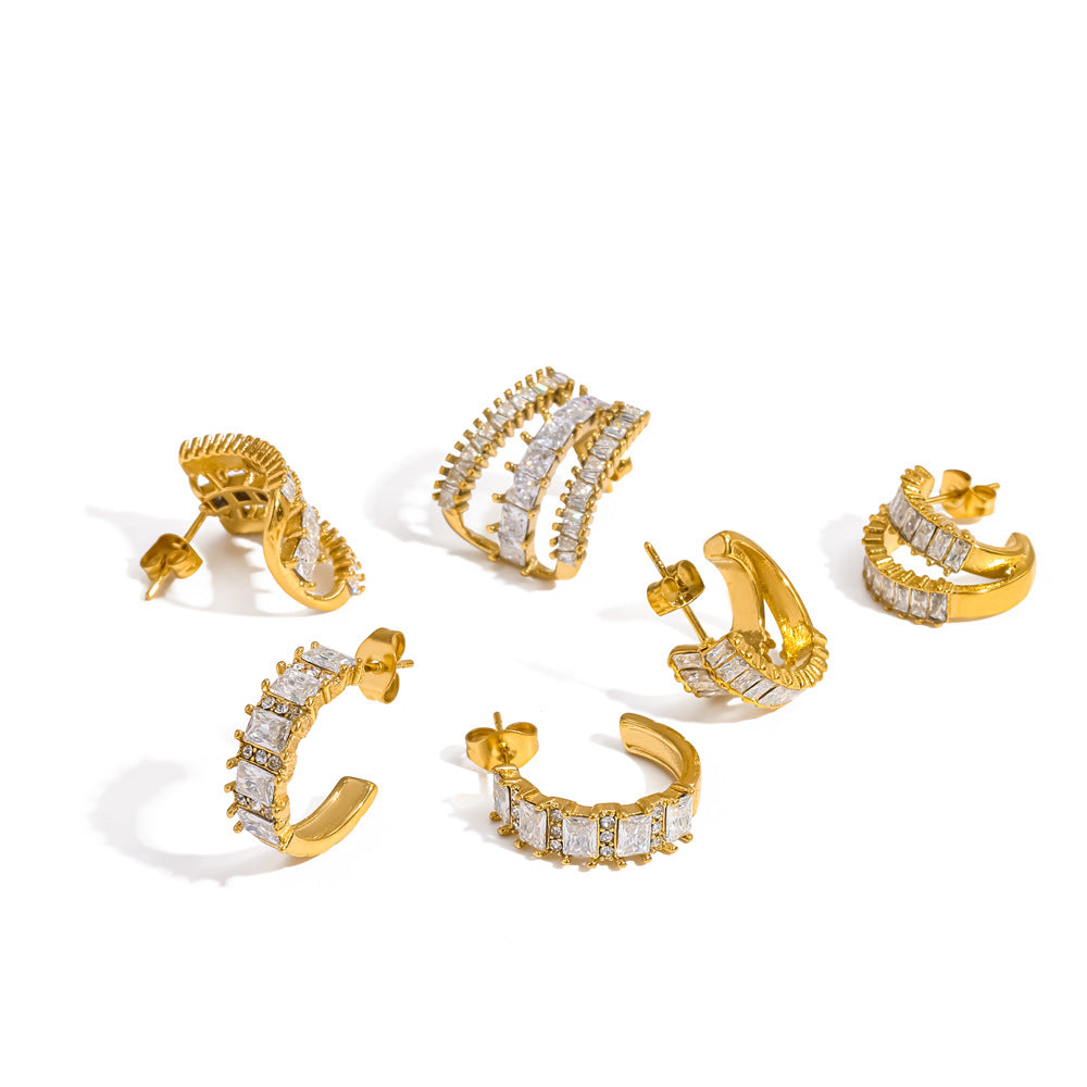 Gold 18k Gold Titanium Steel Prong Setting Pave Zircon C Shape Earrings