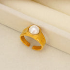 Fashion Gold Stainless Steel Pearl Open Ring