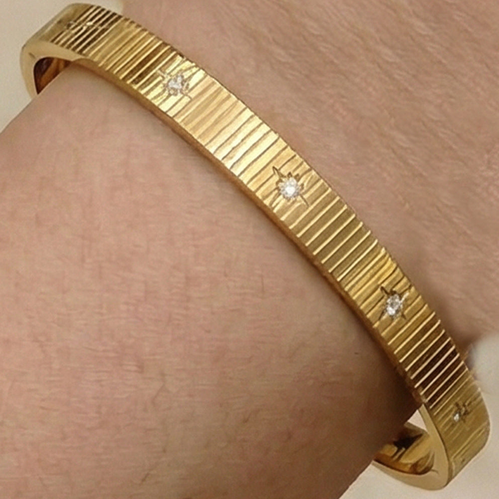 Striped Ten Round Diamond Titanium Steel Diamond-encrusted Round Bracelet
