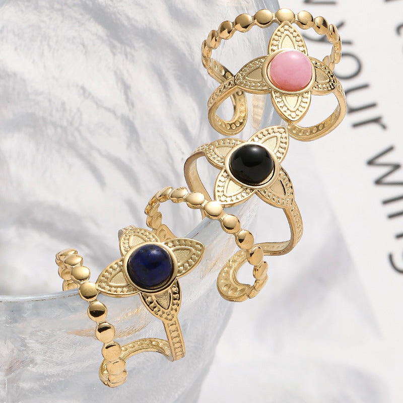 European And American Stainless Steel Flower Inlaid Stone Ring Black One By One Stainless Steel Petal Double Ring