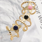 European And American Stainless Steel Flower Inlaid Stone Ring Black One By One Stainless Steel Petal Double Ring