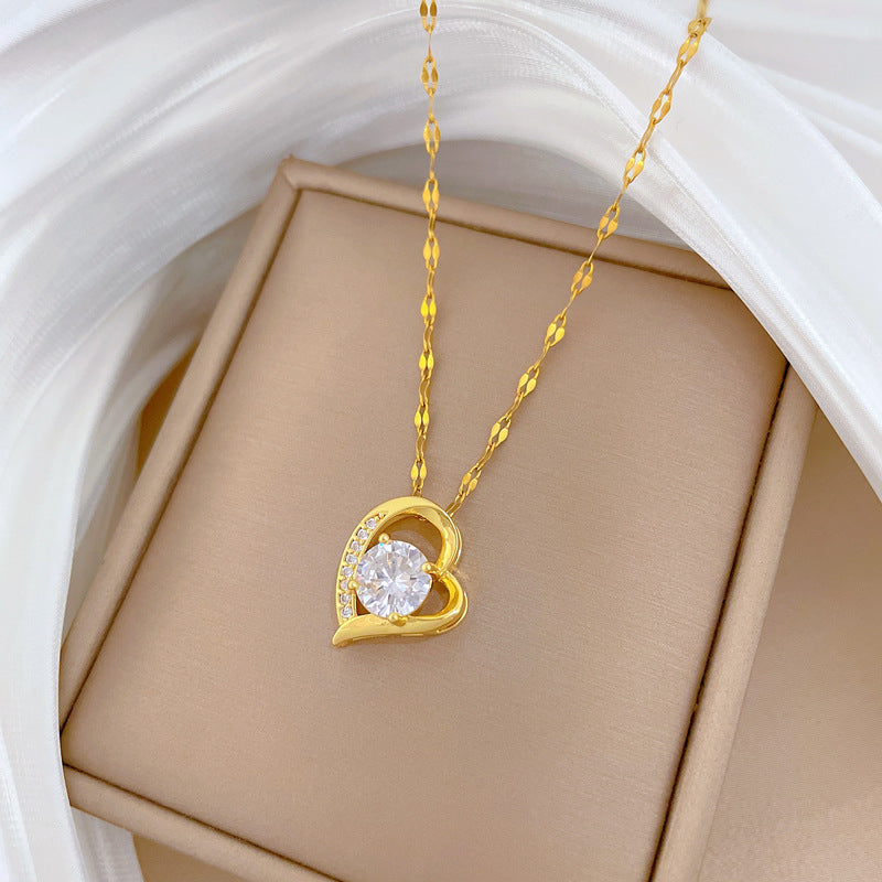 Gold Titanium Steel Diamond Heart Necklace