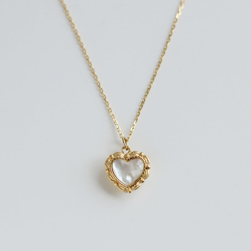 Gold Mother Of Pearl Heart Pendant Necklace Titanium Steel Minimalist Choker